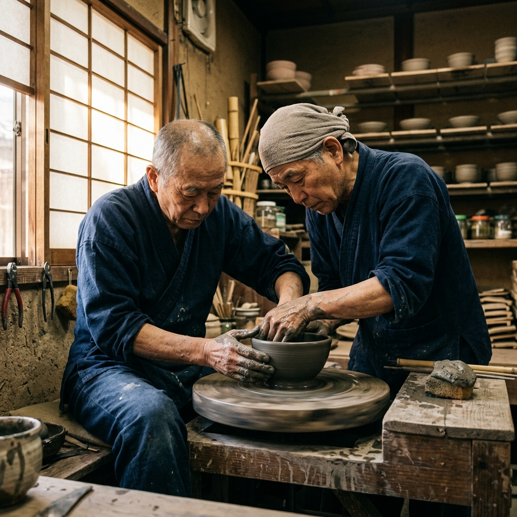 日本の職人が陶器を手作りしている様子